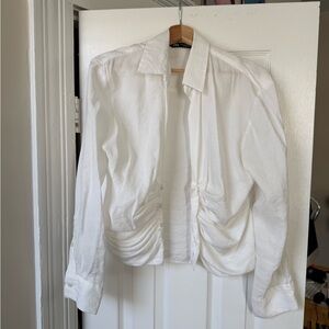 Zara White Ruched Button-Up Shirt
